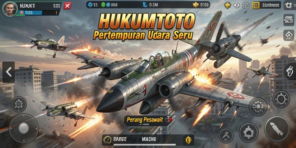 Antarmuka HUKUMTOTO yang dinamis dan penuh warna saat pertempuran udara.