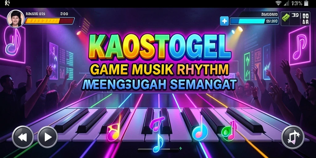 Tampilan antarmuka <strong>KAOSTOGEL</strong> yang menawan dengan efek musik yang dinamis.