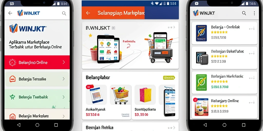 Antarmuka aplikasi WINJKT menampilkan fitur Marketplace yang lengkap dan menarik.